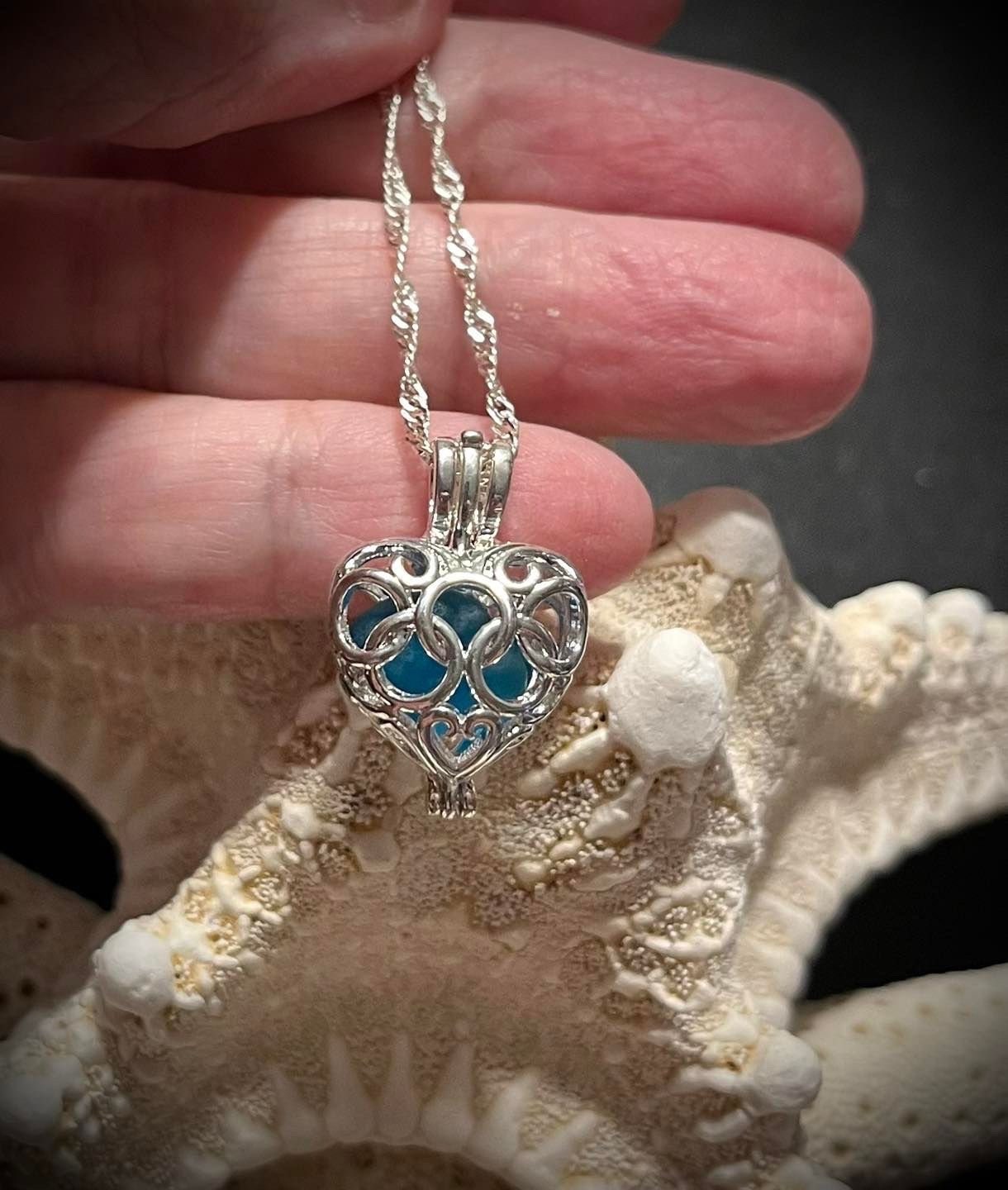 Sea Glass Necklace, Gifts for Her, Sterling Necklace, Outer Banks, Aqua Sea Glass, Rare, Heart, Cage Necklace, Italian Sea Glass