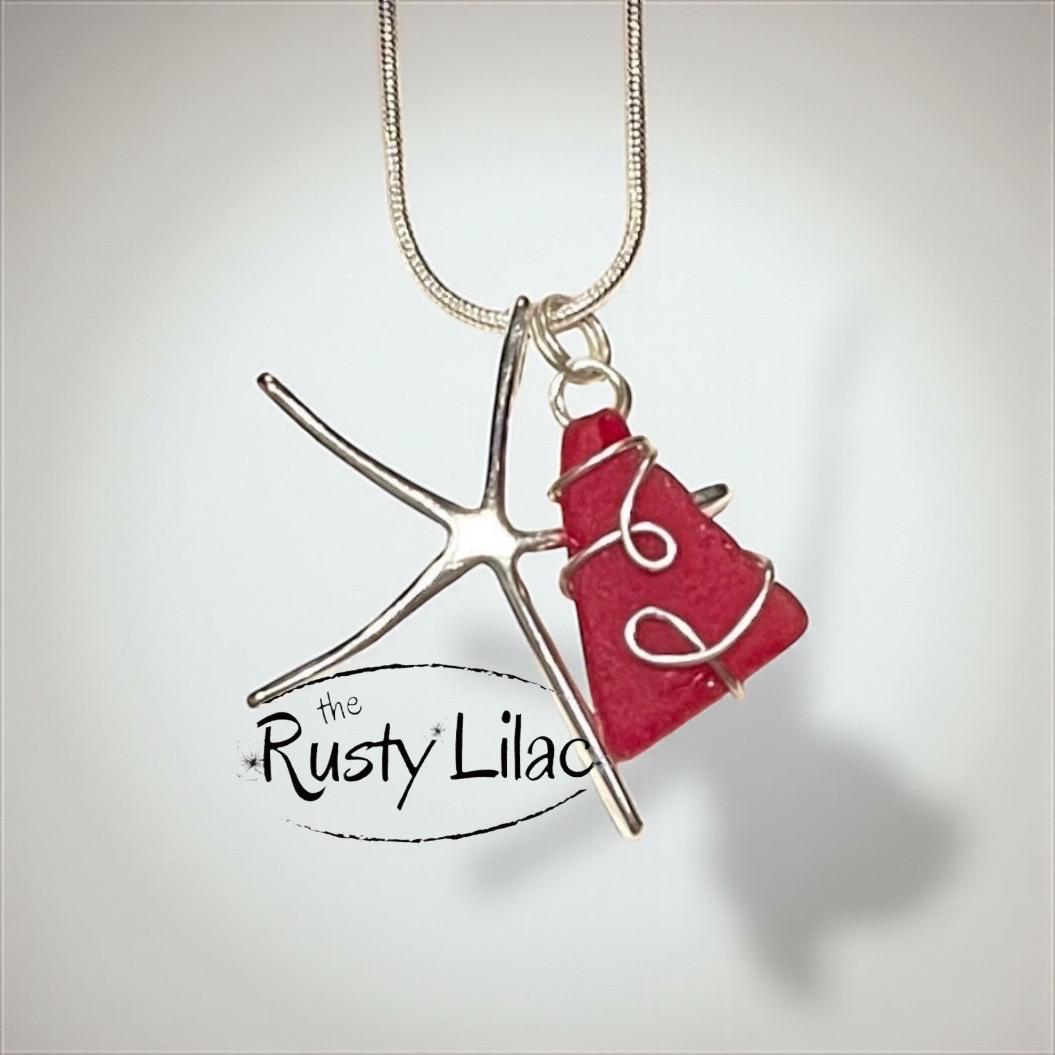 Red Sea Glass Necklace: Sterling Starfish Pendant, Wire Wrapped Jewelry