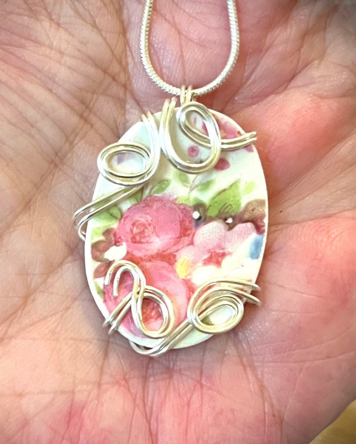 Vintage China Pendant Necklace: Floral Roses, Sterling Silver Wire Wrapped