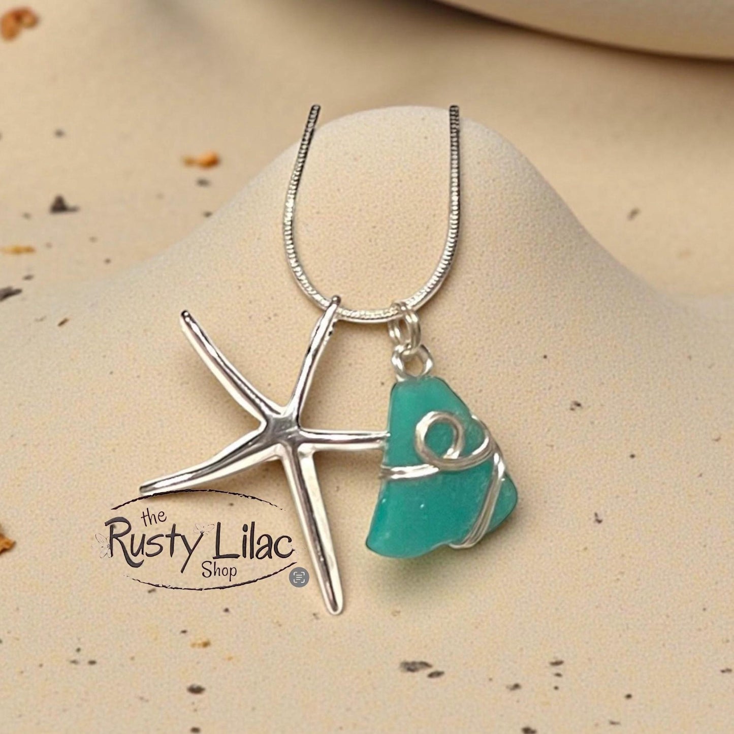 Sea Glass, Gifts for Her, Beachy Jewelry, Sterling Starfish, Genuine Sea Glass, Wire Wrapped, Sea Glass Necklace, Starfish, Teal Sea Glass,