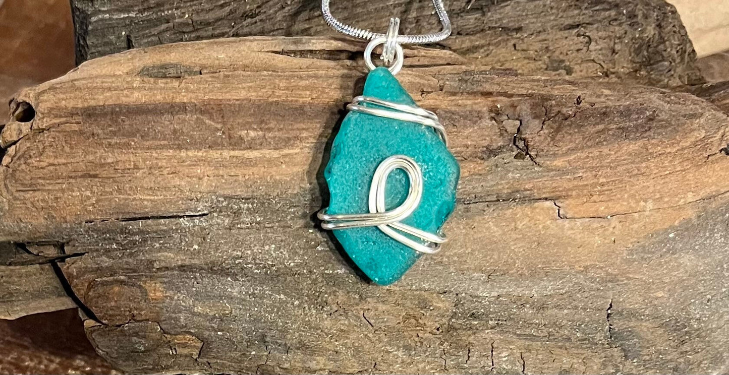 Sea Glass Necklace, Gifts for Her, Sterling Necklace, Wire Wrapped Jewelry, Teal Sea Glass, Rare