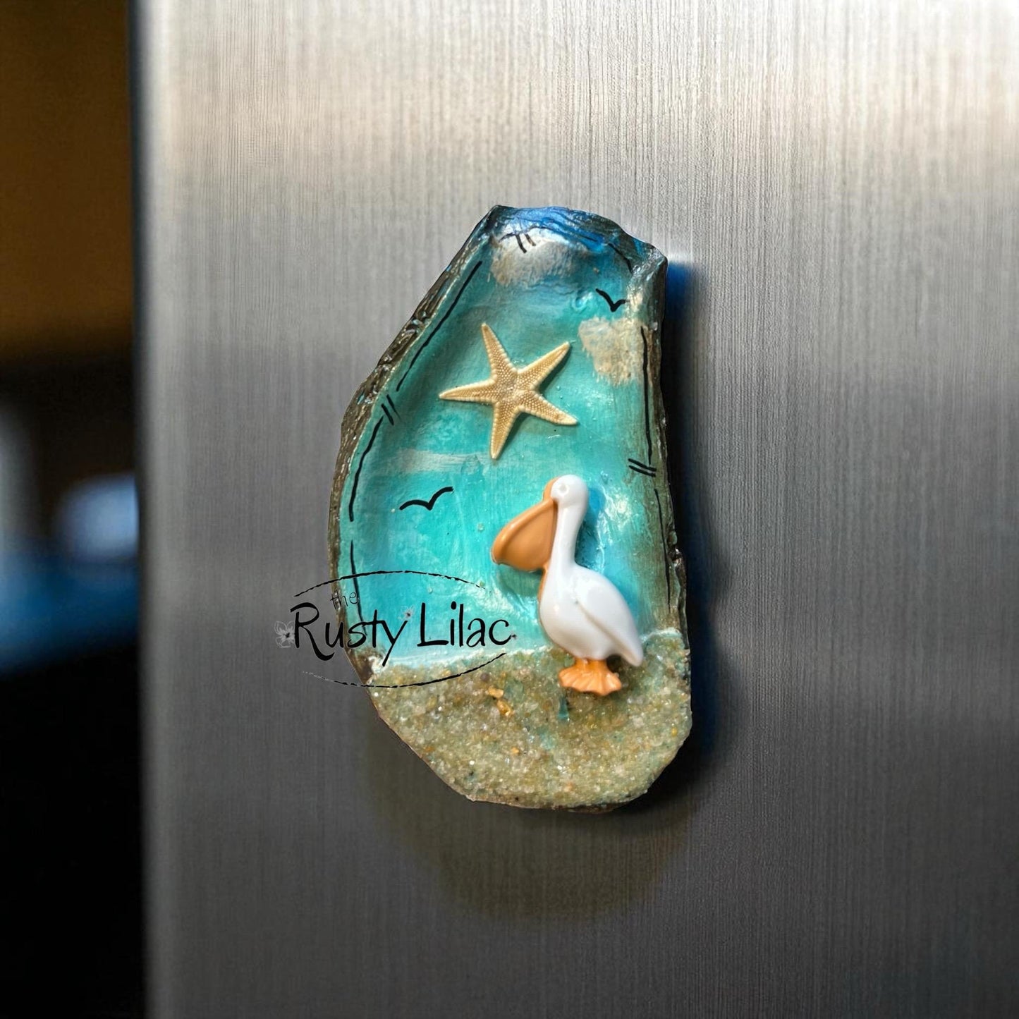Magnet, Pelican, Oyster Shell, Nautical Decor, Gifts for Her, Personalized, Beach Remembrance, Seashells, Ocean, Starfish