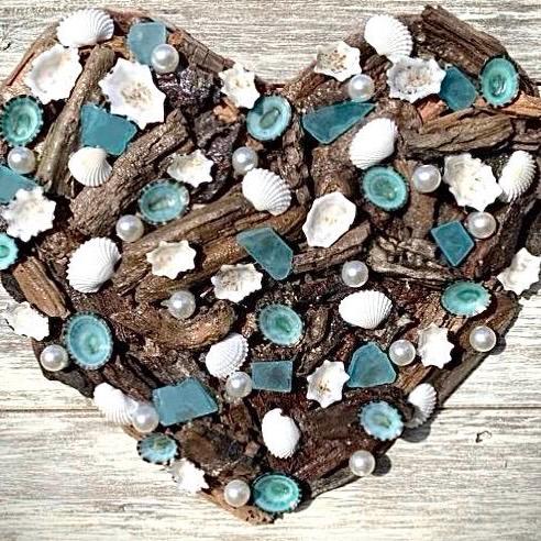 Driftwood Heart Wall Decor: Seashells, Pearls, Glass - Outer Banks Rustic Art