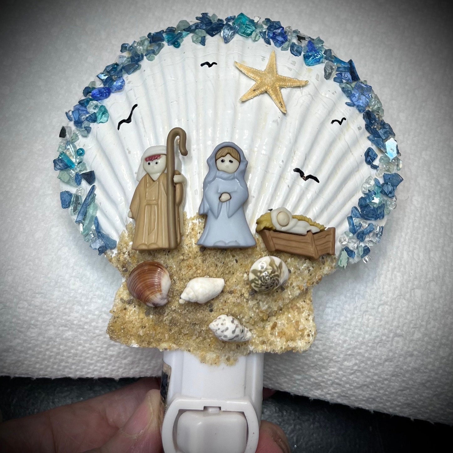 Handcrafted Nativity Night Light: Seashell, Starfish & OBX Sand