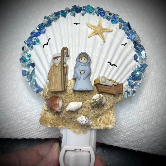 Handcrafted Nativity Night Light: Seashell, Starfish & OBX Sand