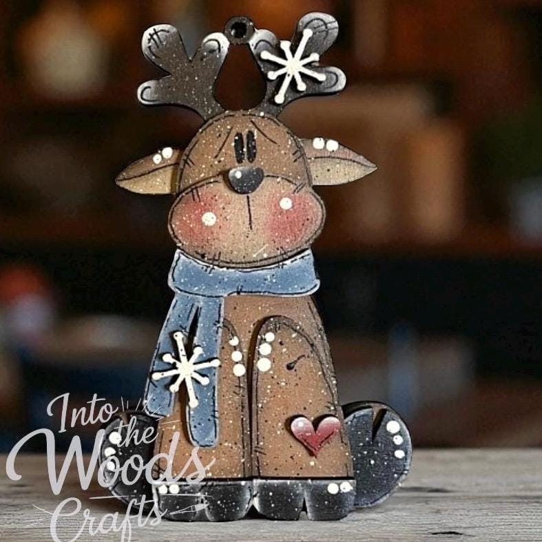 Personalized Wooden Reindeer Shelf Sitter: Hand-Painted Winter Decor