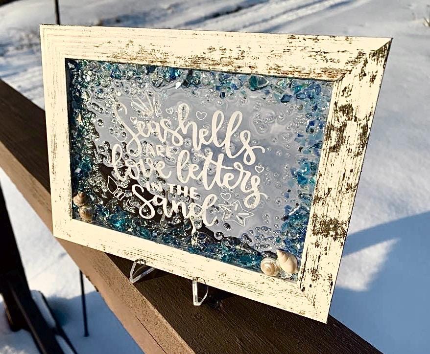 Seashells Quote Glass Frame: Rustic Coastal Suncatcher