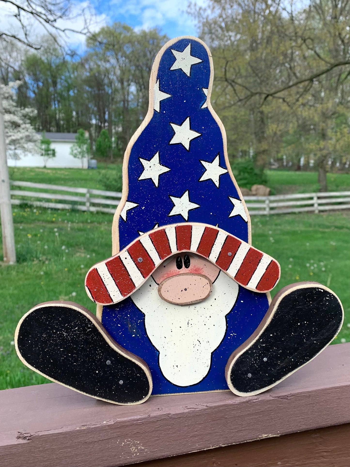 Personalized Patriotic Gnome Sitter: Wooden Uncle Sam Decor
