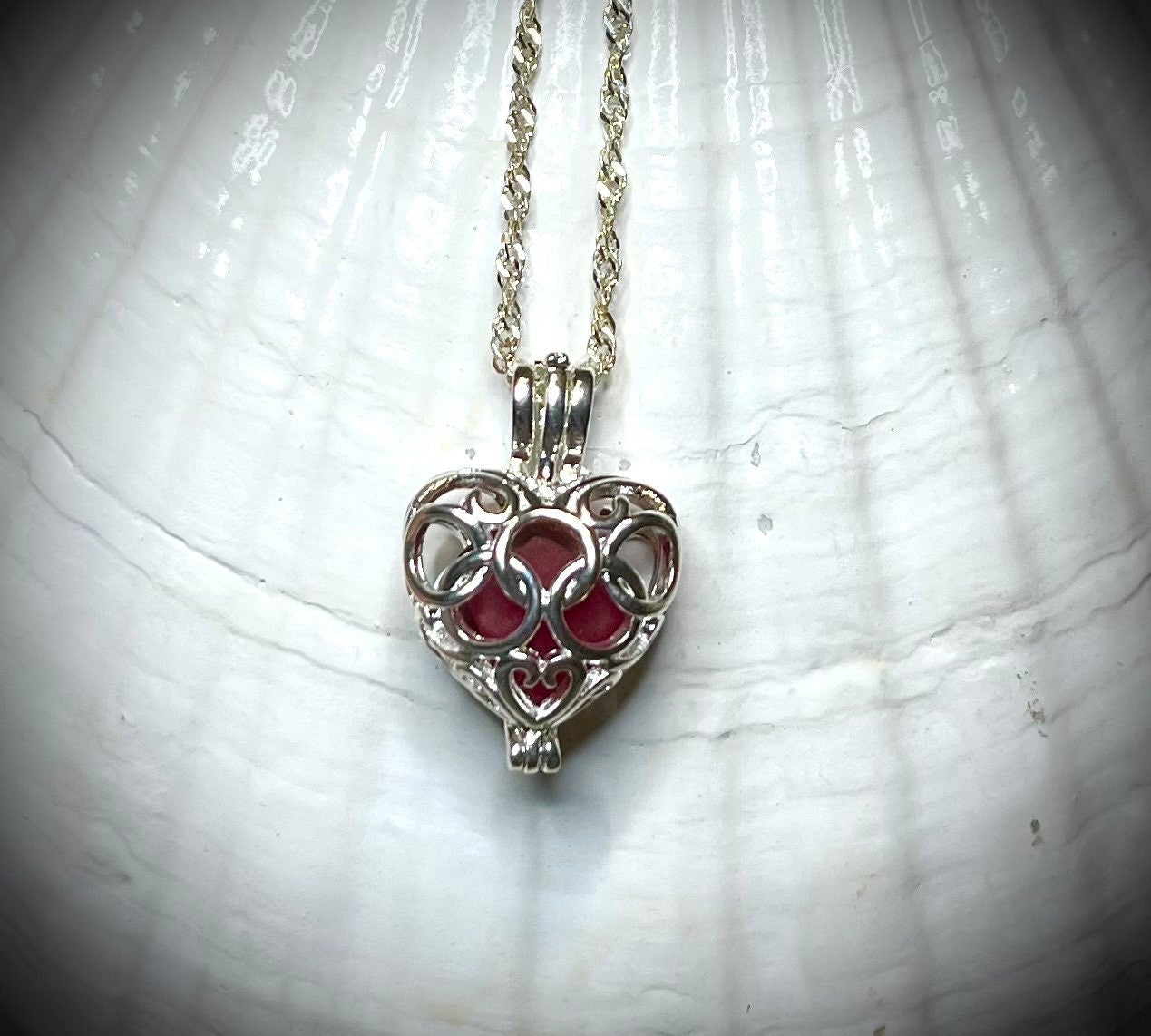 Sea Glass Necklace, Gifts for Her, Sterling Necklace, Red Sea Glass, Rare, Heart, Cage Necklace, Italian Sea Glass