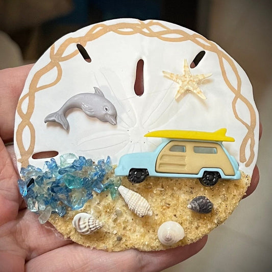 Personalized Sand Dollar Ornament: Woody Car, Starfish, Seashells, Beach Decor