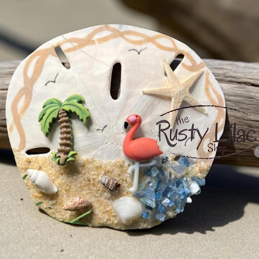 Flamingo and Palm Tree Sand Dollar Ornament or Table Sitter