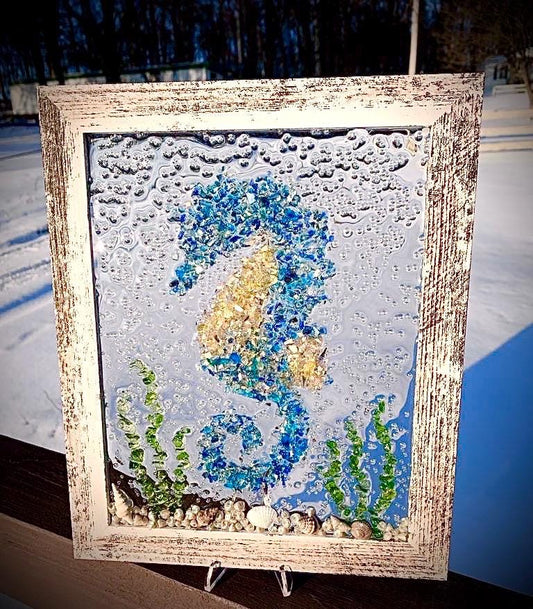 Seahorse Glass Frame, Gifts for Her, Rustic Coastal, Nautical Beach, Wall Art, Window Decor, Crushed Glass, Suncatcher