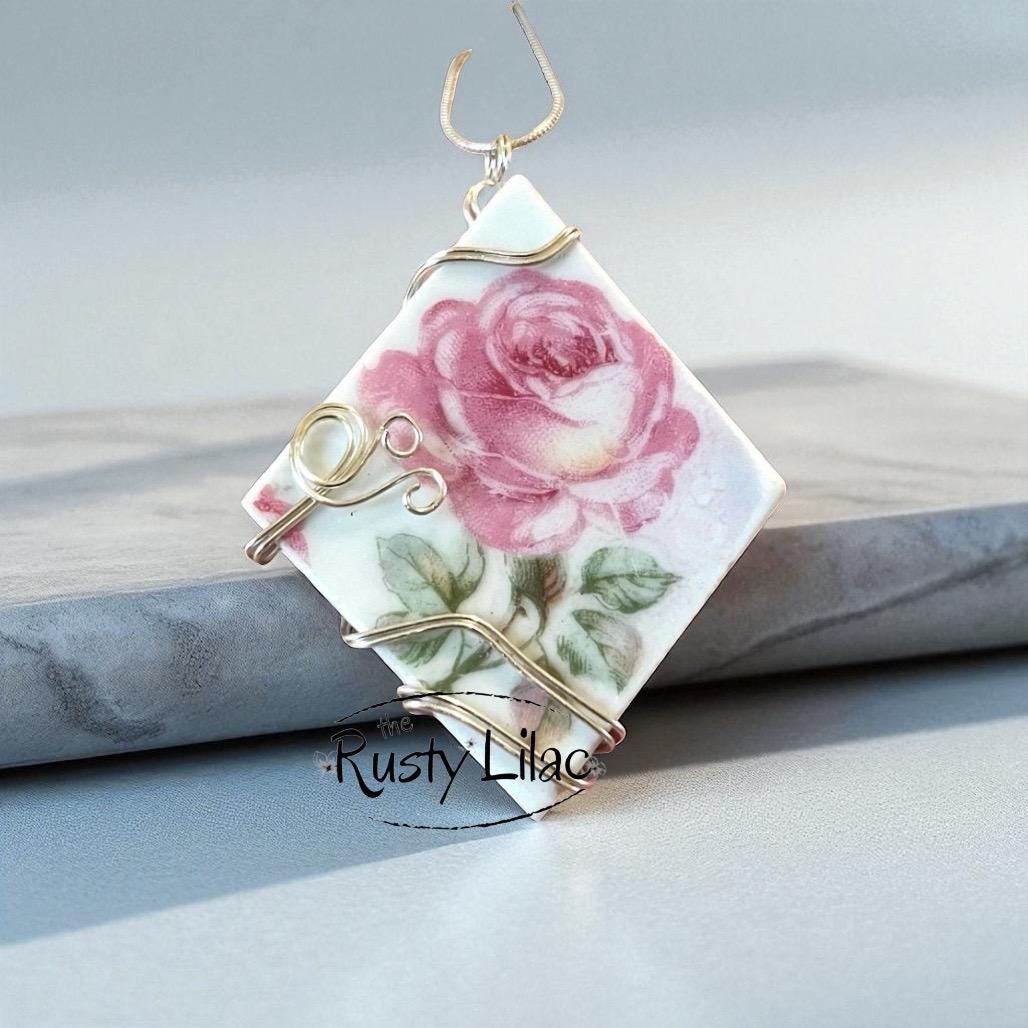Vintage Pottery Necklace, Gifts for Her, Floral Roses, Outer Banks, Wire Wrapped Pendant, Summer Aesthetic