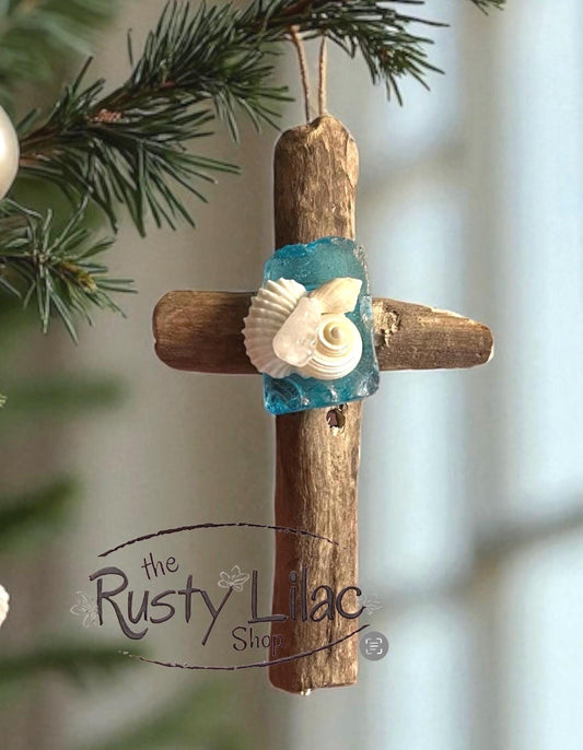 Driftwood Cross, Ornament, Magnet, Seashells, Beach Glass, Nautical Decor, Gifts for Her, Beach Remembrance