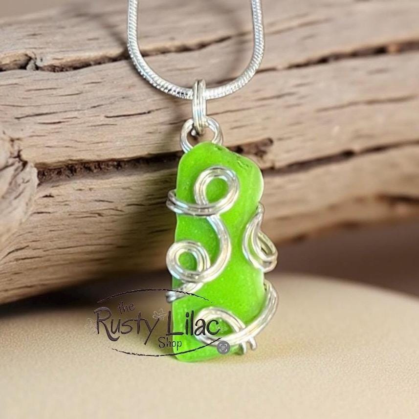 Lime Sea Glass Necklace: Sterling Silver Wire Wrapped Pendant
