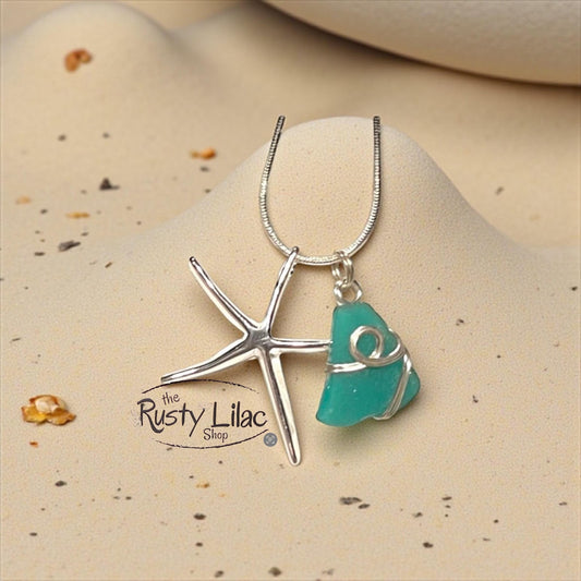 Sea Glass, Gifts for Her, Beachy Jewelry, Sterling Starfish, Genuine Sea Glass, Wire Wrapped, Sea Glass Necklace, Starfish, Teal Sea Glass,