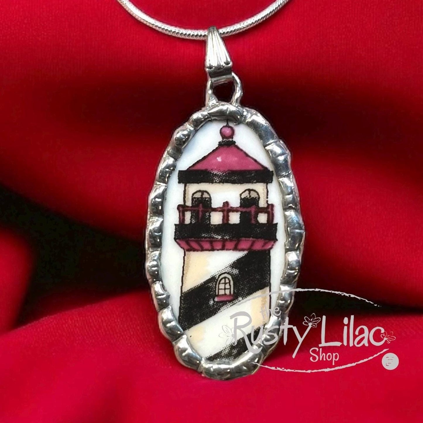 Upcycled Lighthouse Pendant Necklace: Broken China Jewelry, Sterling Silver