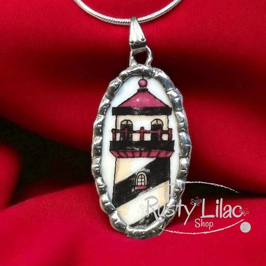 Upcycled Lighthouse Pendant Necklace: Broken China Jewelry, Sterling Silver