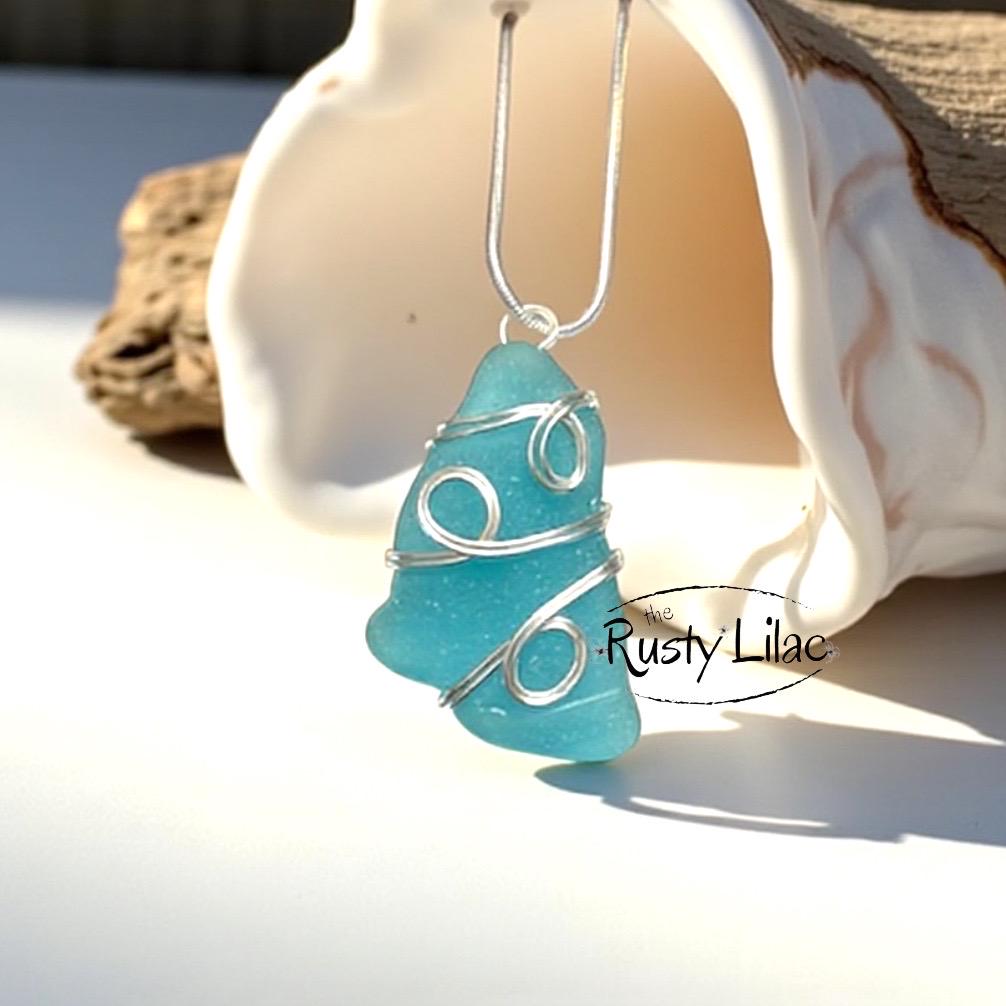Italian Sea Glass Necklace: Sterling Silver Wire Wrapped Aqua Pendant