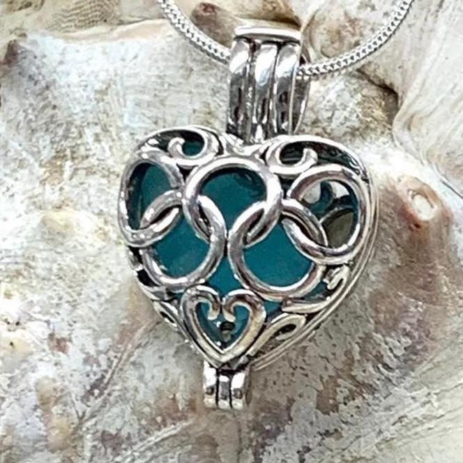 Sea Glass Necklace, Gifts for Her, Sterling Necklace, Outer Banks, Aqua Sea Glass, Rare, Heart, Cage Necklace, Italian Sea Glass
