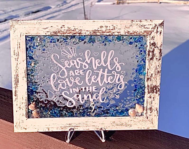 Seashells Quote Glass Frame: Rustic Coastal Suncatcher