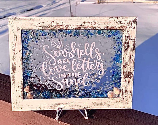 Seashells Quote Glass Frame: Rustic Coastal Suncatcher