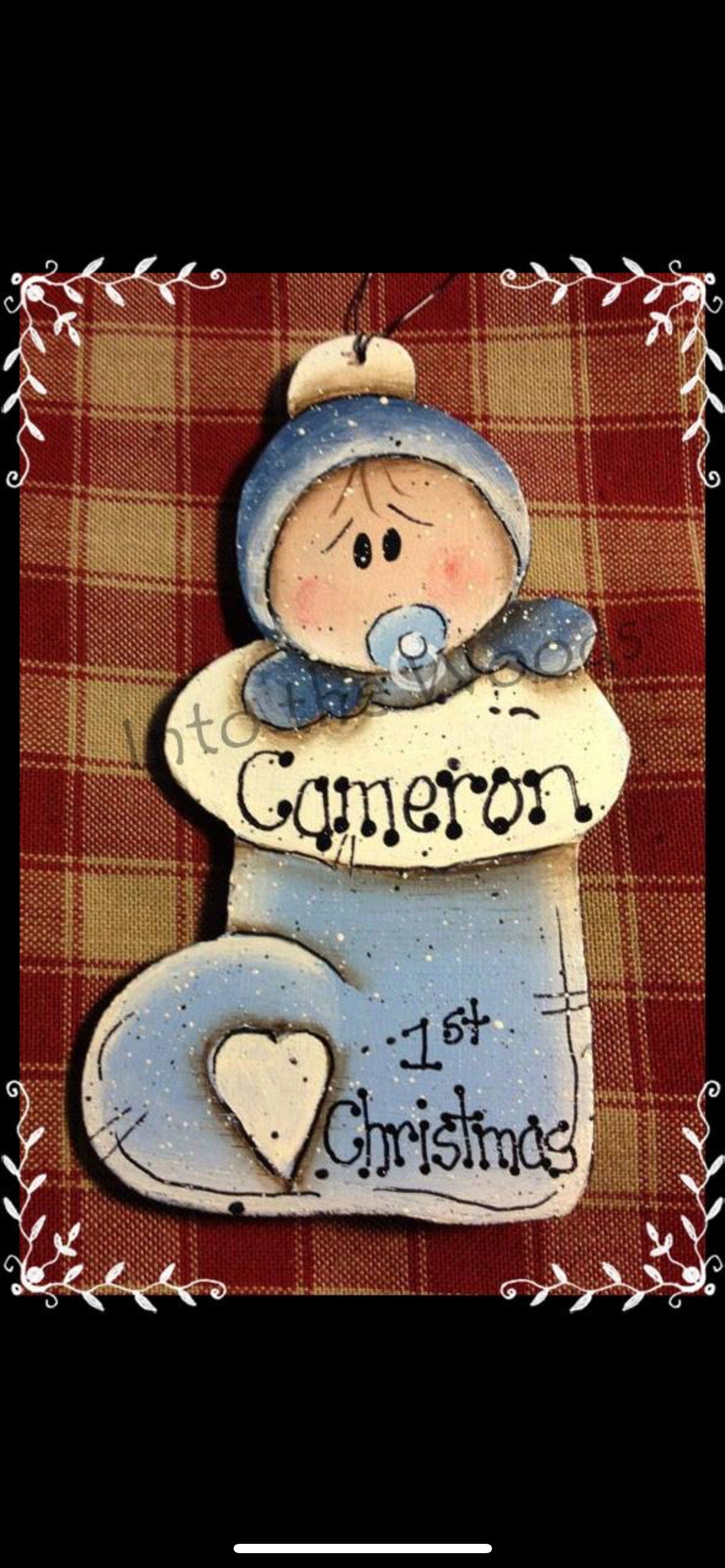 Hand Painted Baby's First Christmas Ornament: Personalized Wood Stocking