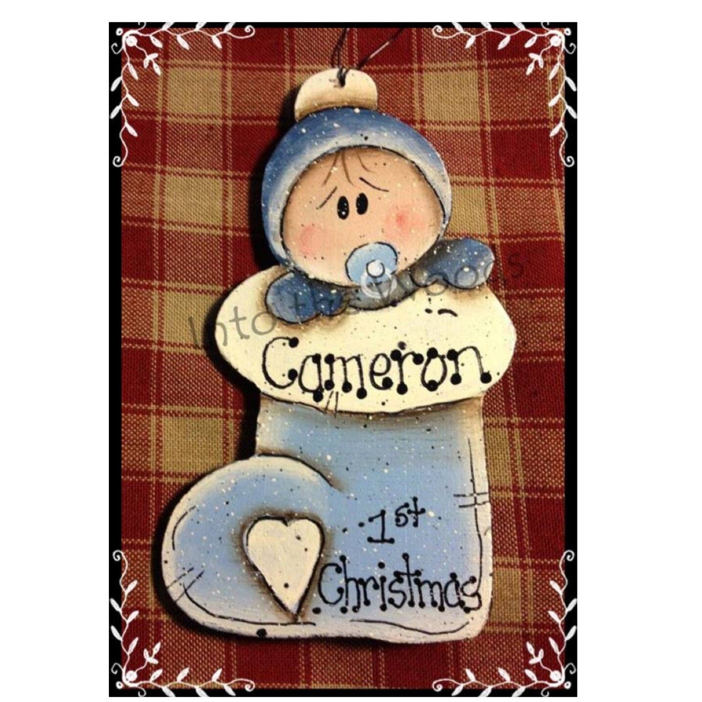 Hand Painted Baby's First Christmas Ornament: Personalized Wood Stocking