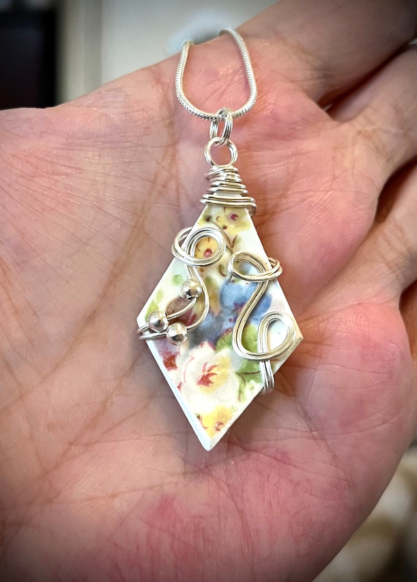 Vintage Floral Pottery Necklace: Wire Wrapped Sterling Silver Pendant