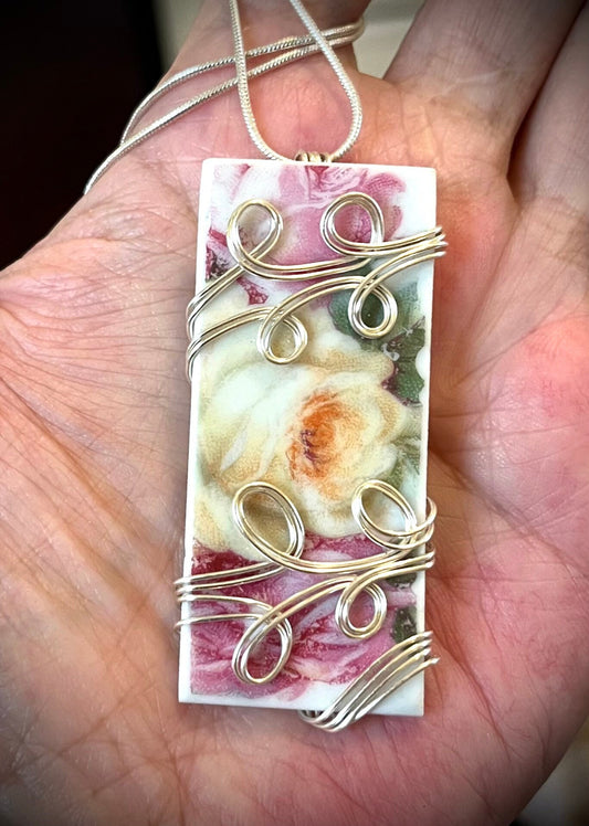 Vintage Pottery Necklace, Gifts for Her, Floral Roses, Outer Banks, Wire Wrapped Pendant, Summer Aesthetic