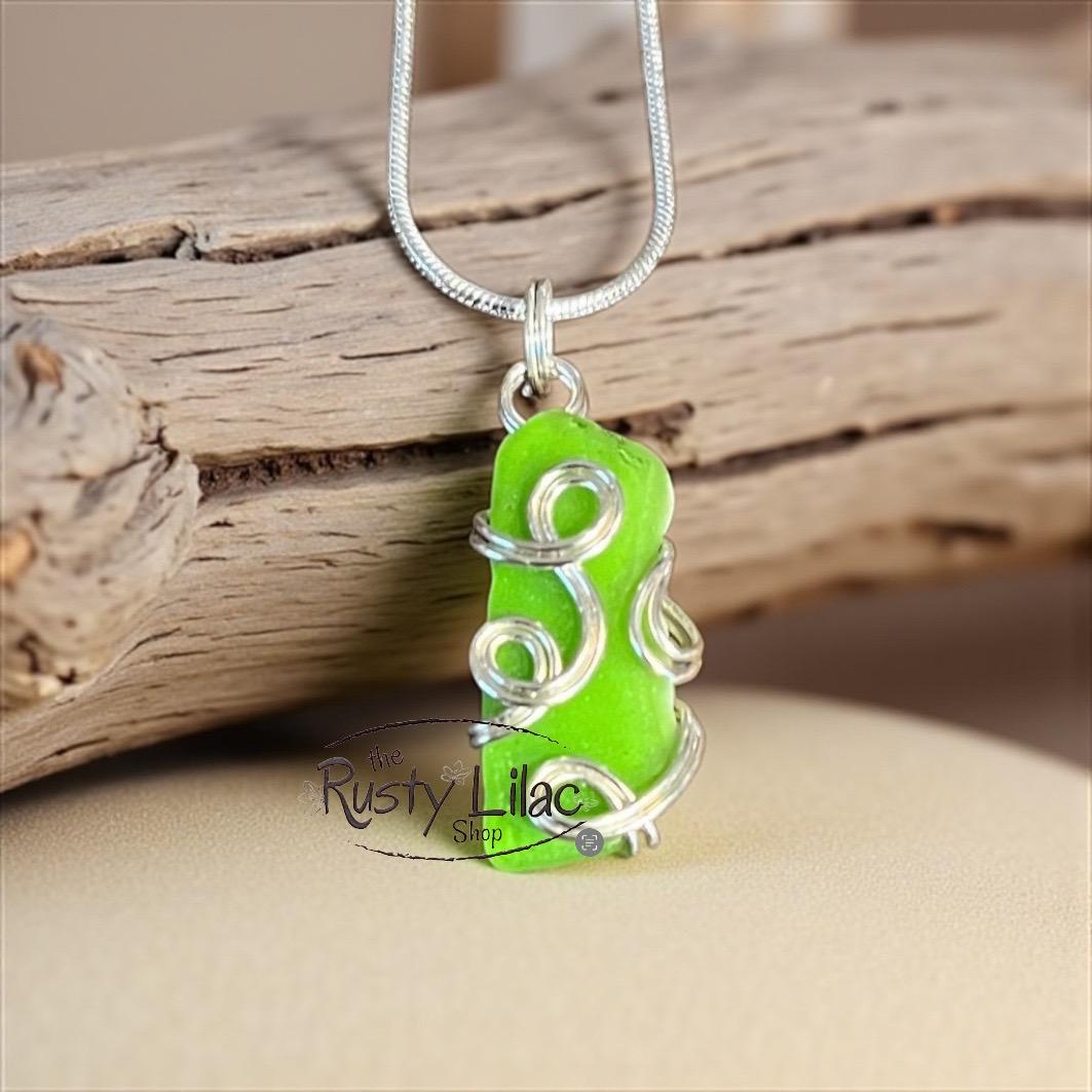 Lime Sea Glass Necklace: Sterling Silver Wire Wrapped Pendant