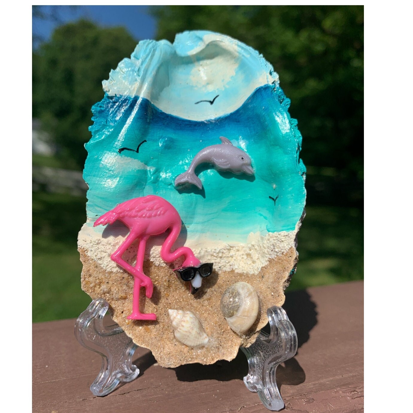 Flamingo, Shelf Table Sitter, Oyster Shell, Nautical Decor, Gifts for Her, Personalized, Beach Remembrance, Ornament