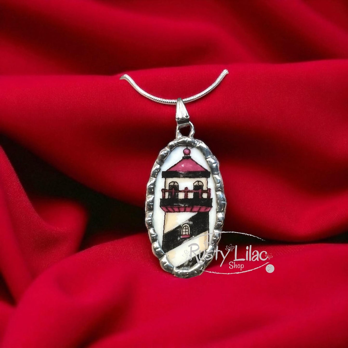 Upcycled Lighthouse Pendant Necklace: Broken China Jewelry, Sterling Silver