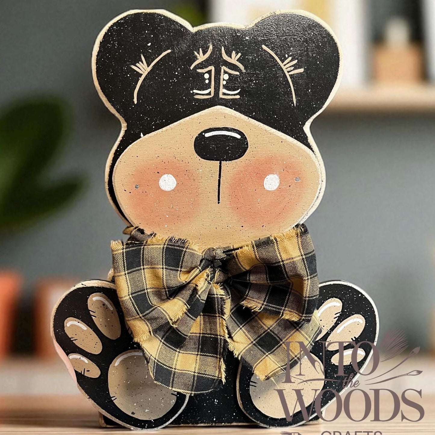Personalized Black Bear Sitter: Handcrafted Wooden Winter Decor