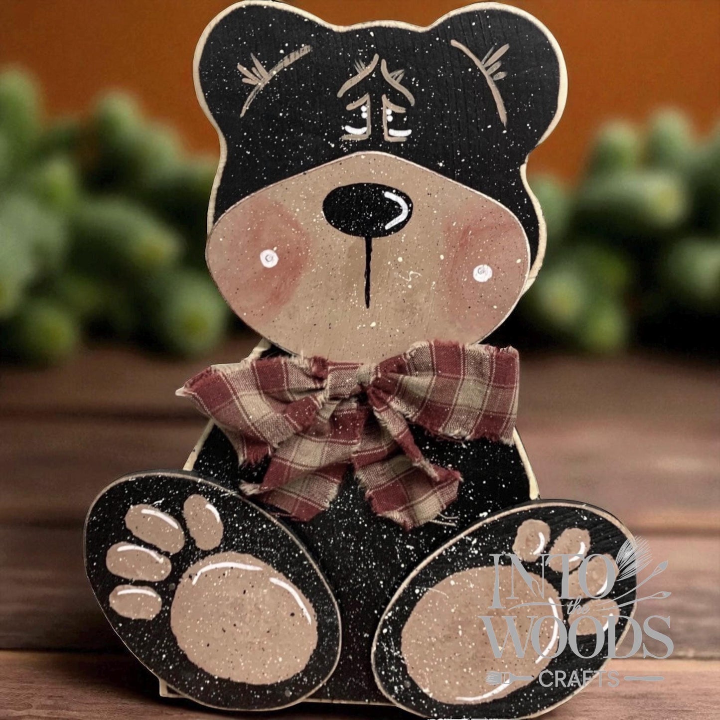 Personalized Black Bear Sitter: Handcrafted Wooden Winter Decor