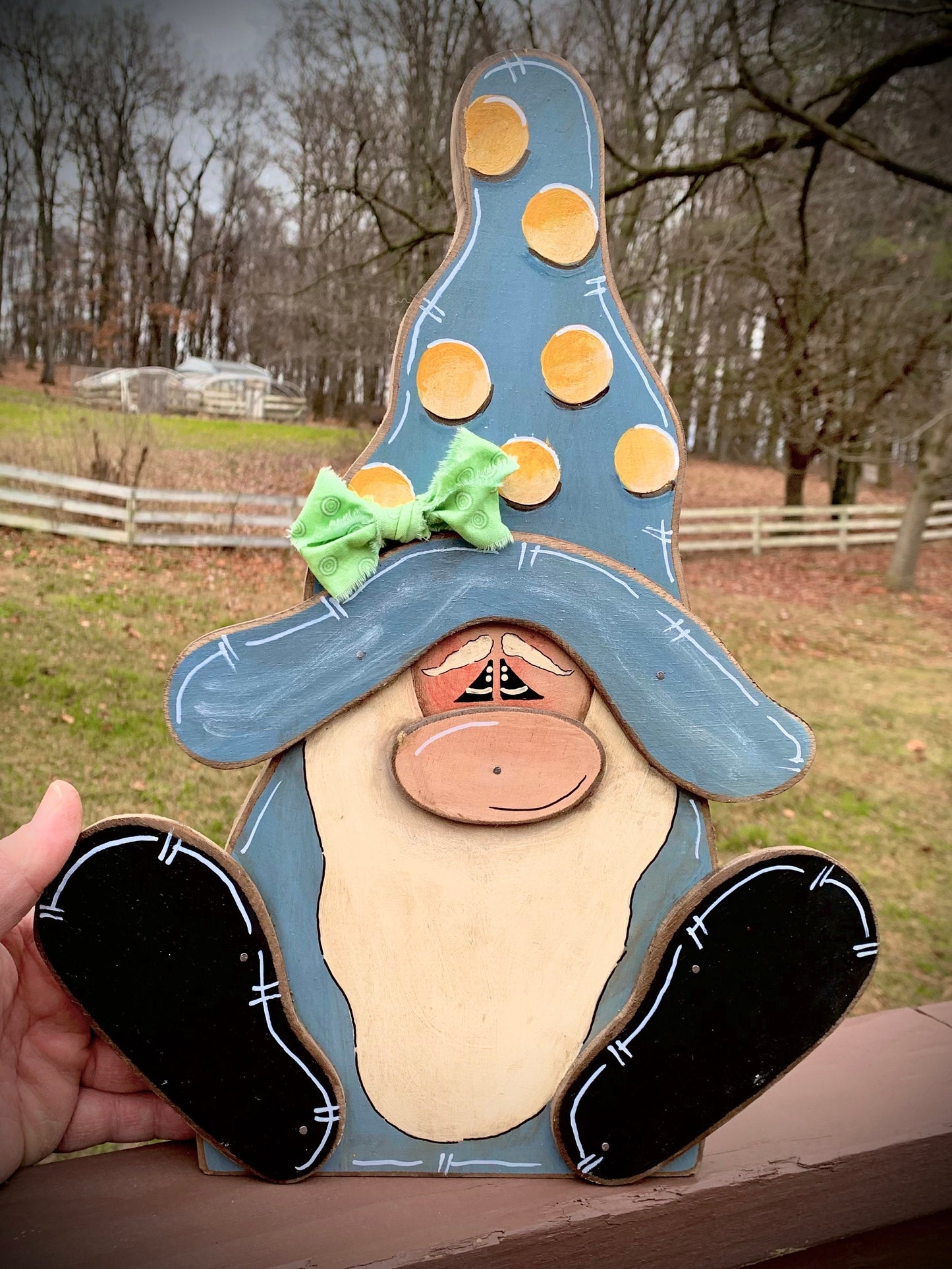 Personalized Spring Gnome Sitter: Hand Cut Wooden Decor (17")