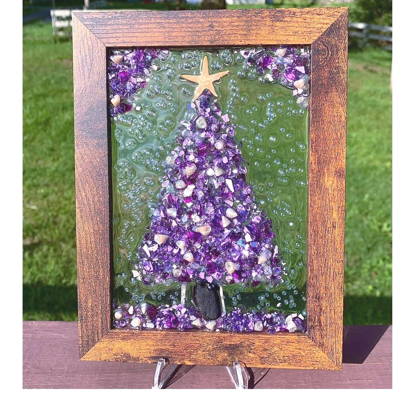 Crushed Glass Christmas Tree Frame: Coastal Nautical Wall Art