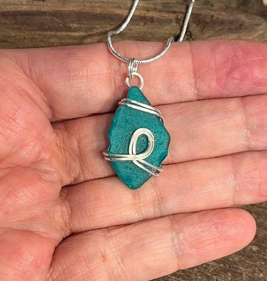 Sea Glass Necklace, Gifts for Her, Sterling Necklace, Wire Wrapped Jewelry, Teal Sea Glass, Rare