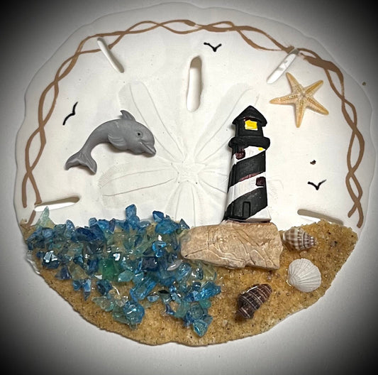 Handcrafted Lighthouse Sand Dollar Ornament: Personalized Beach Decor