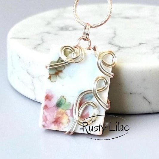 Vintage Pottery Necklace, Gifts for Her, Floral Roses, Outer Banks, Wire Wrapped Pendant, Summer Aesthetic