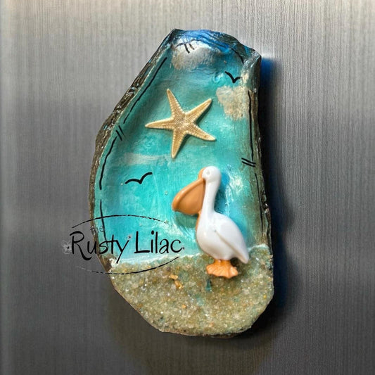 Magnet, Pelican, Oyster Shell, Nautical Decor, Gifts for Her, Personalized, Beach Remembrance, Seashells, Ocean, Starfish