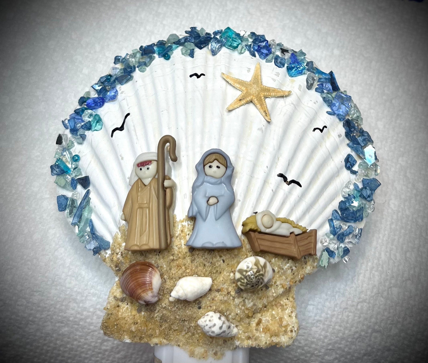 Handcrafted Nativity Night Light: Seashell, Starfish & OBX Sand