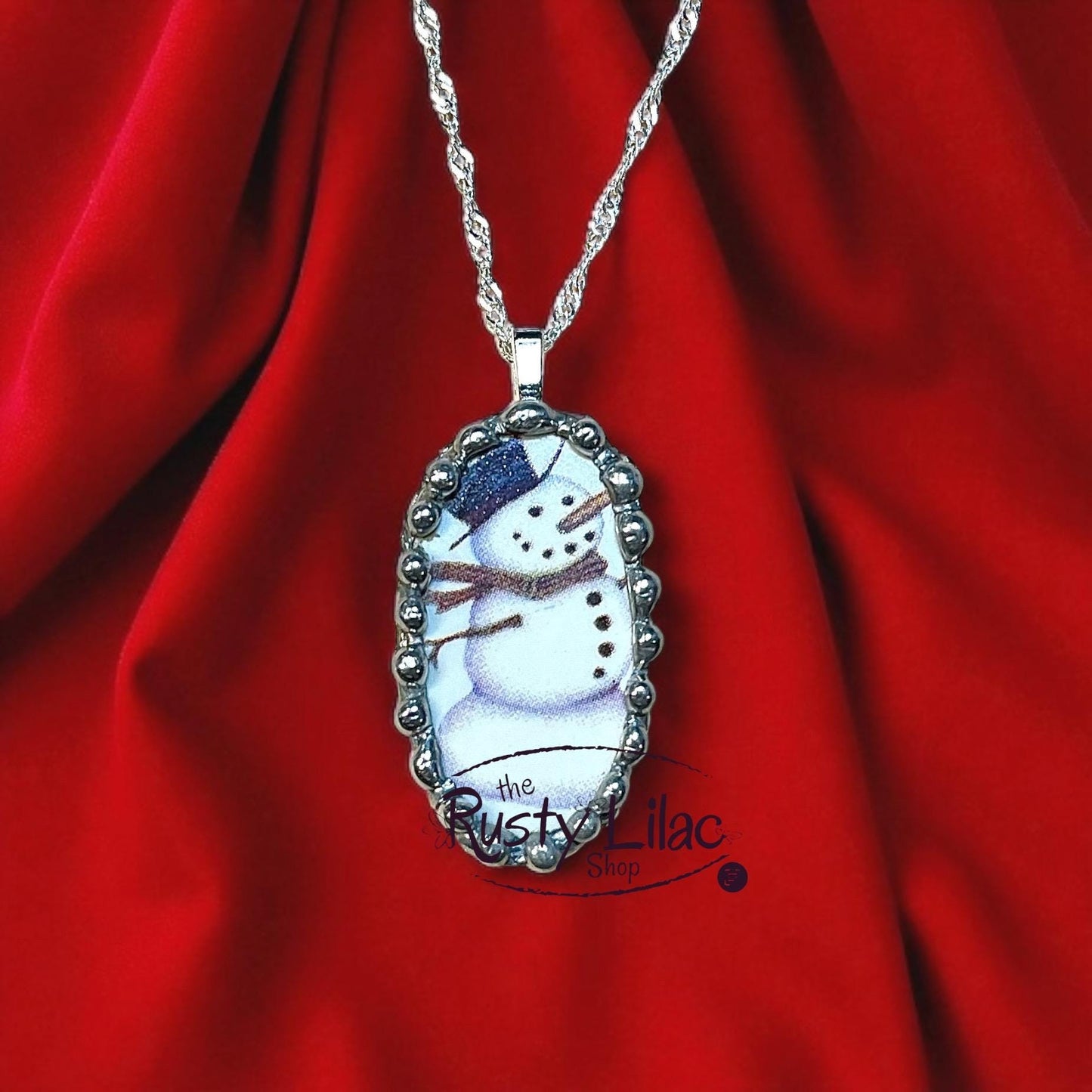 Snowman Pendant Necklace: Upcycled China, Sterling Silver Chain