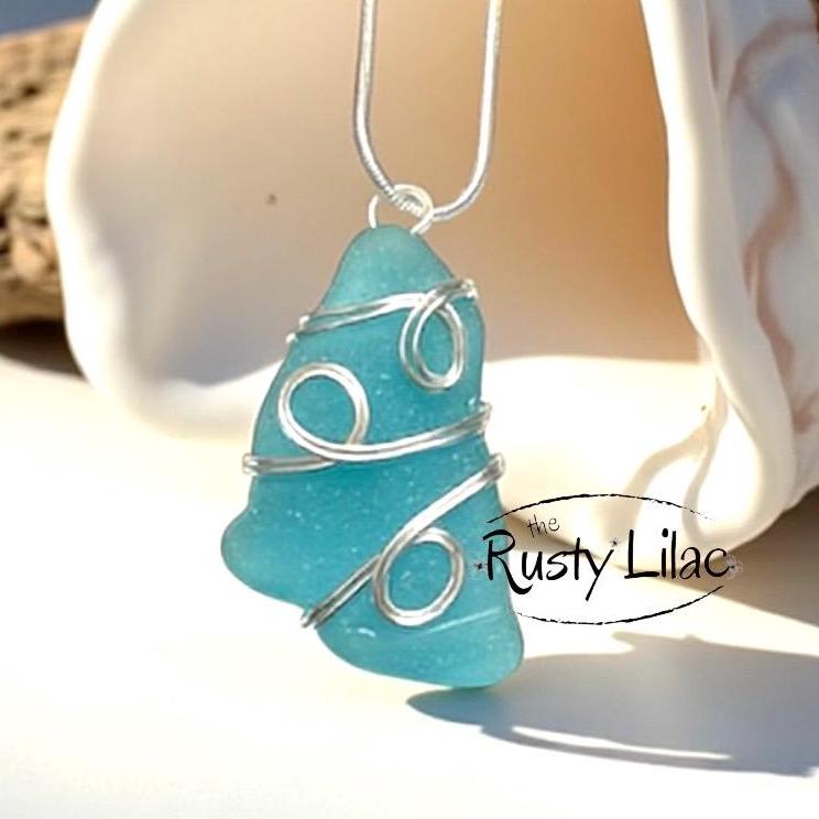 Italian Sea Glass Necklace: Sterling Silver Wire Wrapped Aqua Pendant