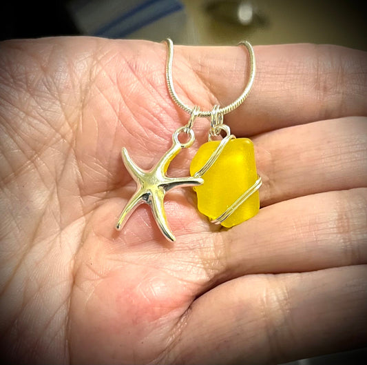 Sea Glass Necklace, Gifts for Her, Sterling Starfish, Wire Wrapped Jewelry, Italian Sea Glass, Yellow Sea Glass, Rare, Sterling Chain