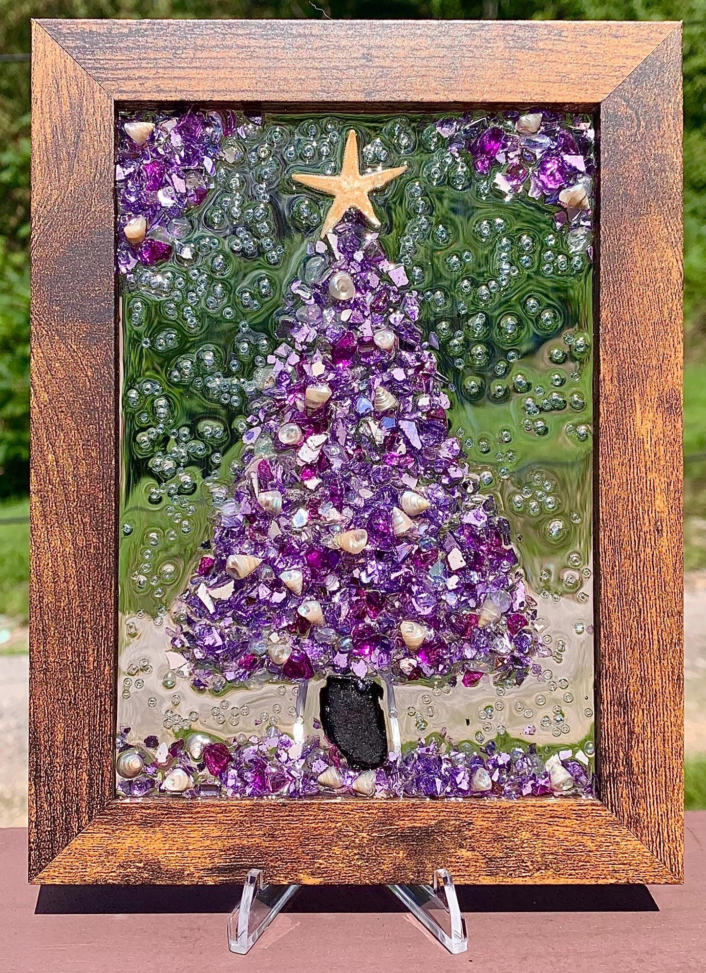 Crushed Glass Christmas Tree Frame: Coastal Nautical Wall Art