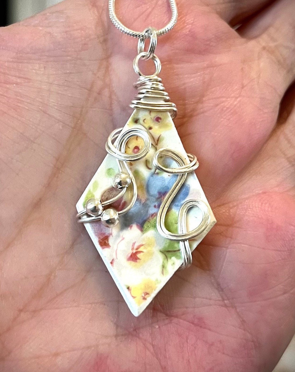 Vintage Floral Pottery Necklace: Wire Wrapped Sterling Silver Pendant