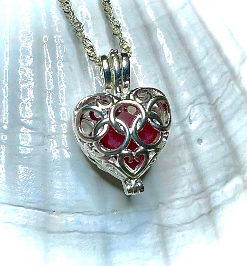 Sea Glass Necklace, Gifts for Her, Sterling Necklace, Red Sea Glass, Rare, Heart, Cage Necklace, Italian Sea Glass