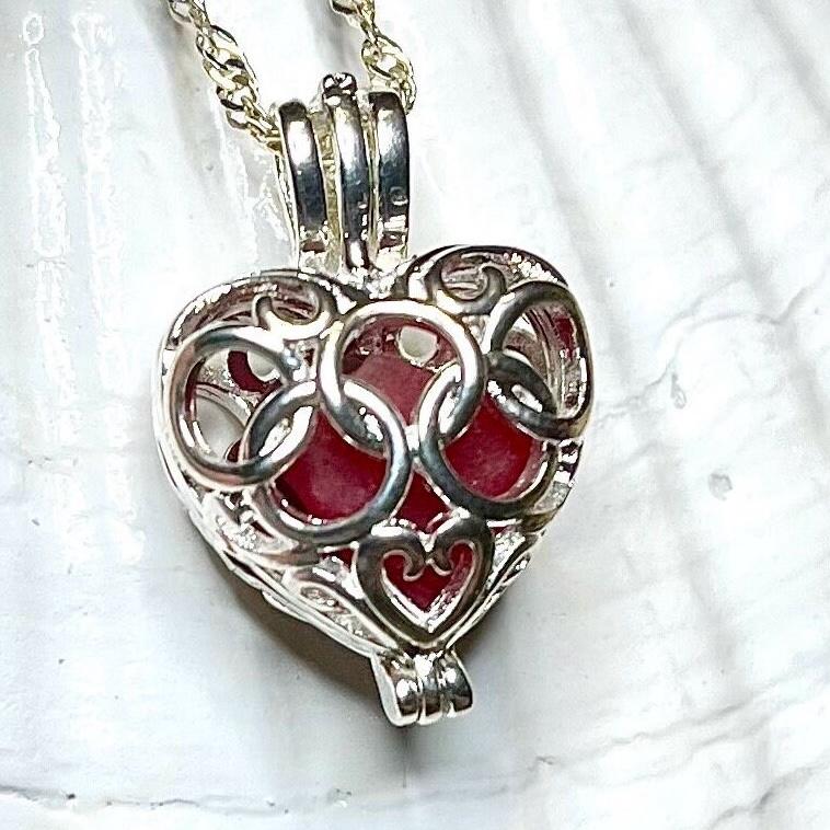 Sea Glass Necklace, Gifts for Her, Sterling Necklace, Red Sea Glass, Rare, Heart, Cage Necklace, Italian Sea Glass