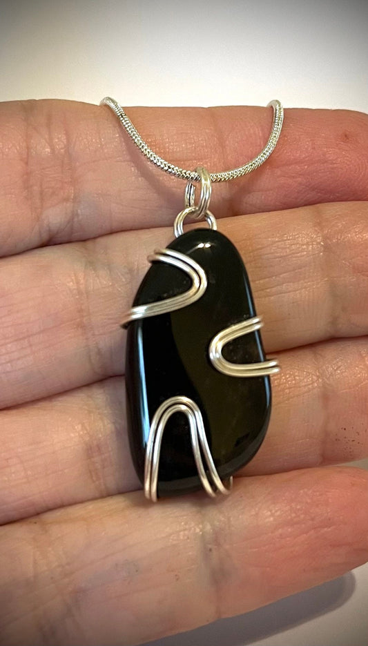 Black Onyx Necklace, Gifts for Her, Beachy Jewelry, Outer Banks, Genuine, Wire Wrapped